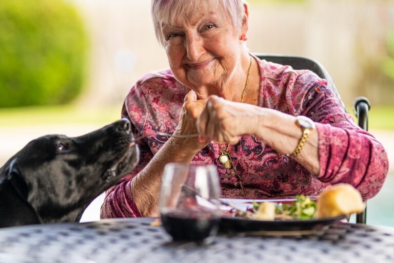 woman feeding food to a black labrador