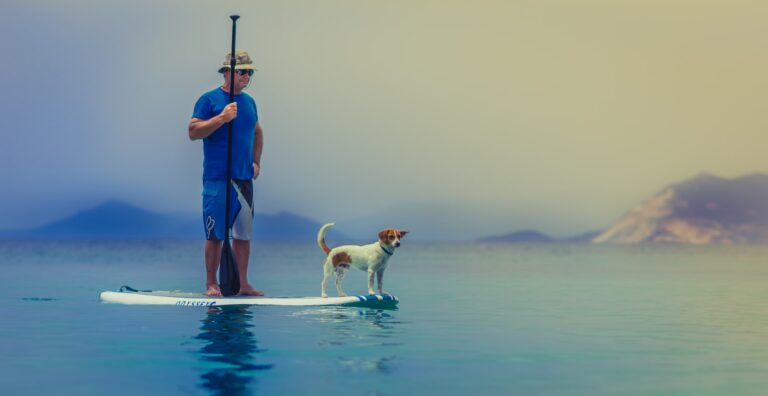 man and dog on paddleboard