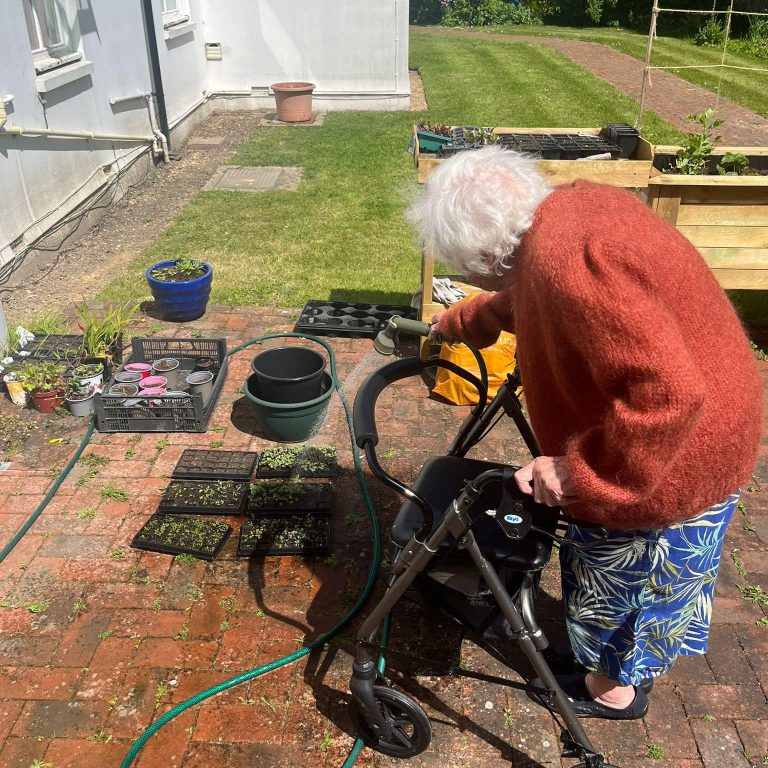 elderly woman gardening and experiencing horticultural therapy